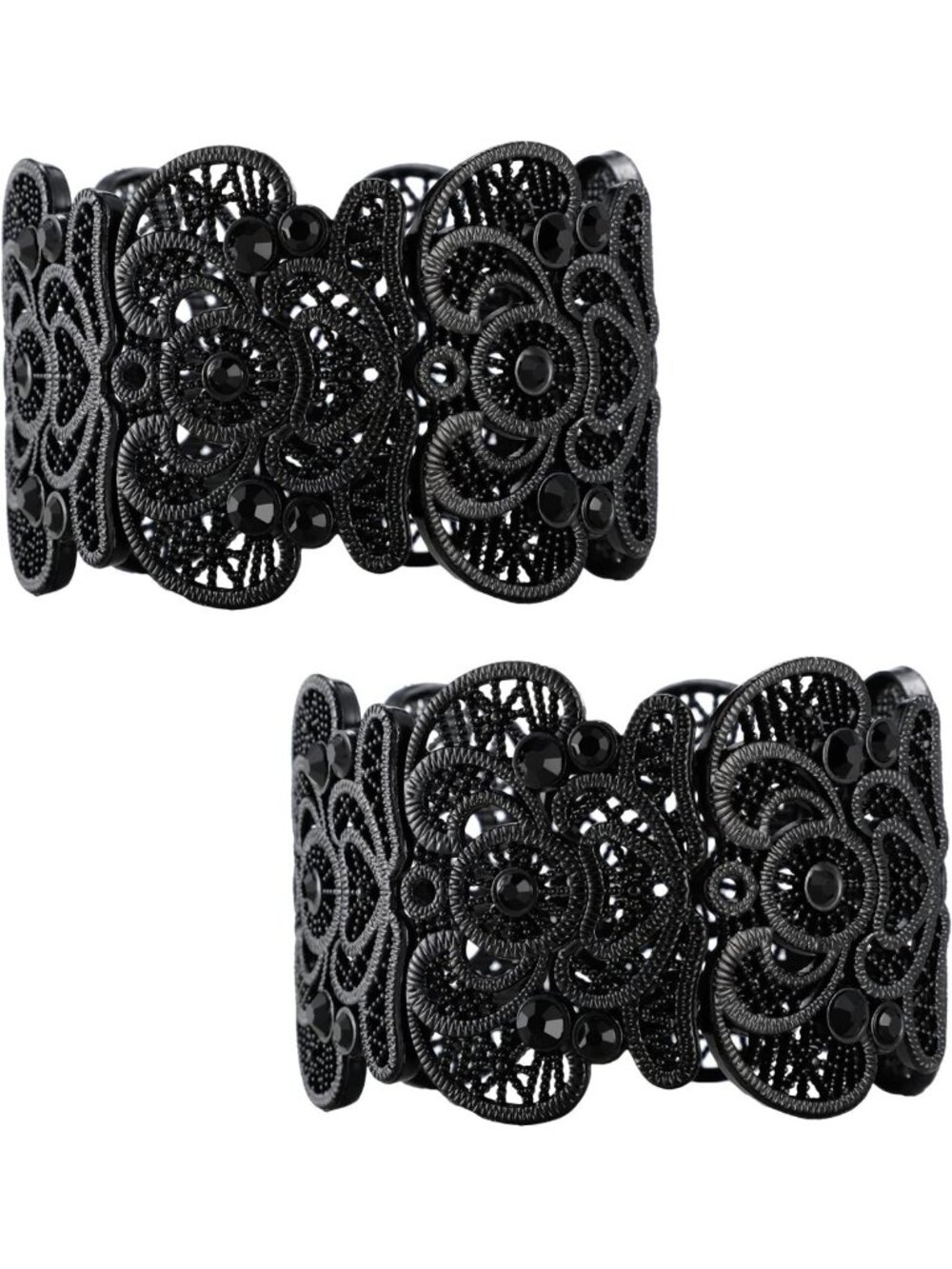 Gothic Black Lace Cuff Bracelets - Vintage Filigree Bangles, 2-Piece Set